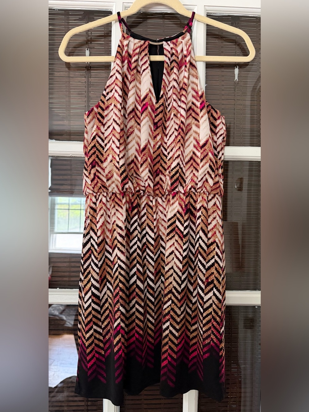 White House Black Market Women’s SP Pink Black Gold Blouson Dress | SKU 0247